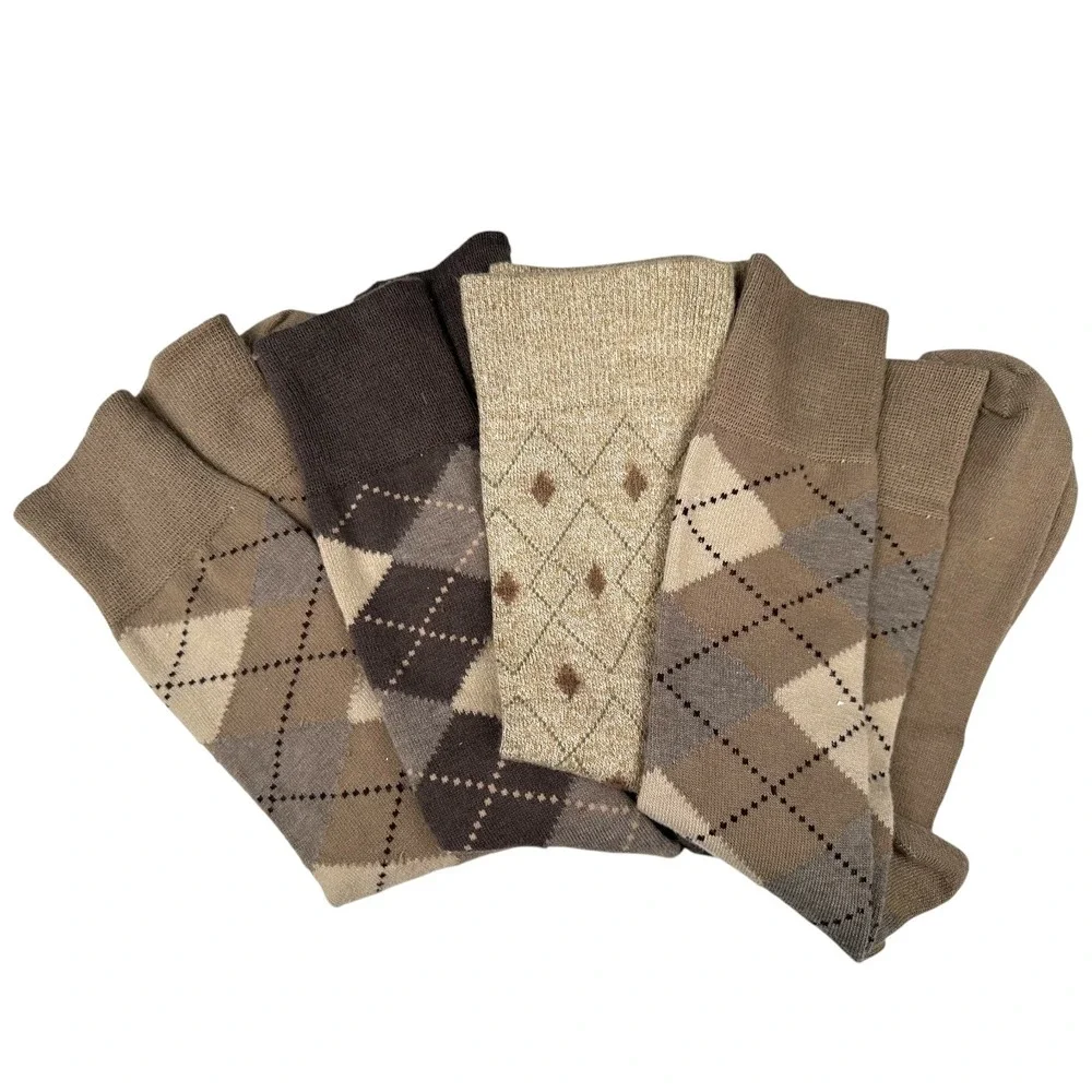 VTG Argyle and Metallic Diamond Crew Socks Bundle 4 Pairs Brown Tan Gold Neutral
